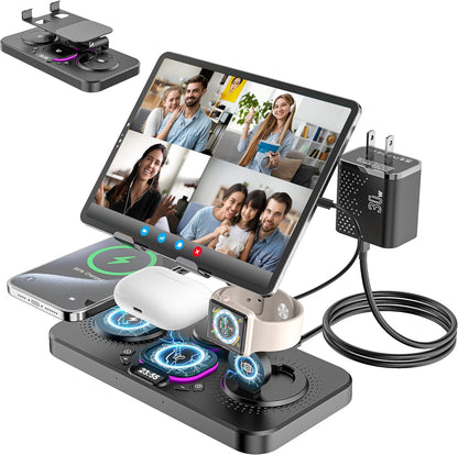Upgrade Wireless Charging Station with Clock & 7 Color Ambient Light, for iPhone17/16/15 Series, Apple Watch 11 10 9, AirPods 4/3/2, 30W desk wireless charger, Multiple Devices iPad Samsung Stand Dock