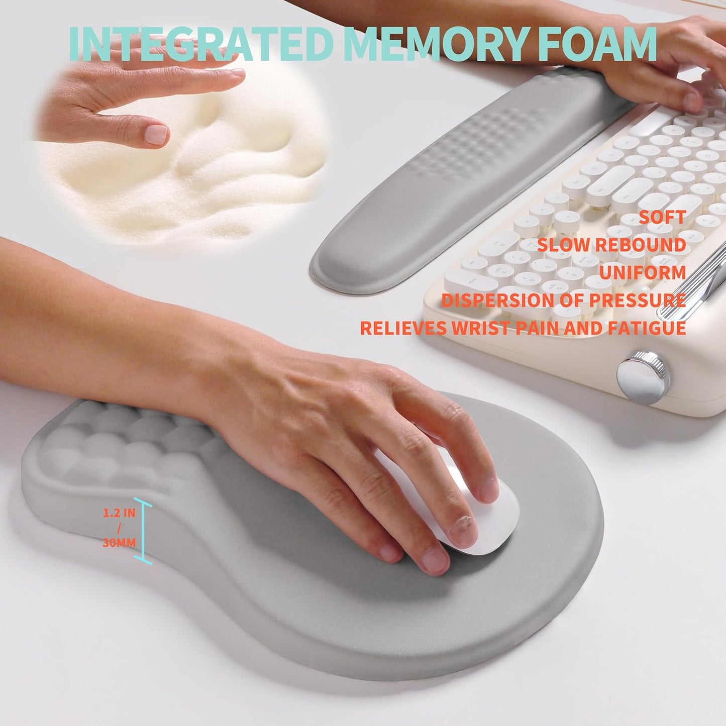 2-in-1 Ergonomic Set, Wave Rise Keyboard Wrist Rest and Massage Bulge Slope Mouse Pad Wrist Support, Cushion Memory Foam Integrated to Relieve Wrist Pain, Black