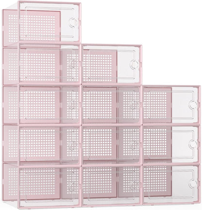 Kuject X-Large Shoe Storage Boxes Organizers Clear Plastic Stackable 12 Pack, Shoe Rack & Holder Substitute, Sneaker Containers, Toy Storage Organizer Bins for Entryway, Closet, Under Bed, Black