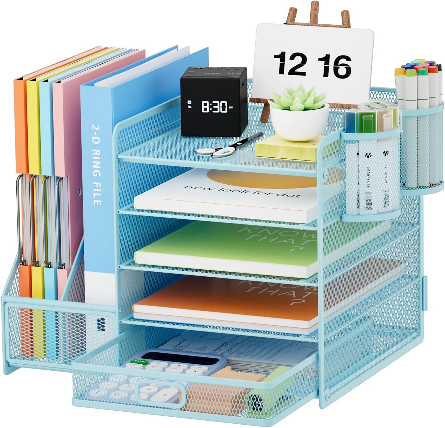 Marbrasse Desk Organizer with File Holder, 5-Tier Paper Letter Tray Organizer with Drawer and 2 Pen Holder, Mesh Desktop Organizer and Storage with Magazine Holder for Office Supplies(Black)