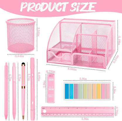 Purple Desk Accessories, 17Pcs Purple Office Supplies Set with Stapler, Mesh Desk Organizer, Tape Dispenser, Staple Remover, Pen Holder, Clips, Pens, Ruler, for Office Home School Women Students Gift