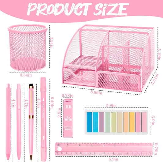 Purple Desk Accessories, 17Pcs Purple Office Supplies Set with Stapler, Mesh Desk Organizer, Tape Dispenser, Staple Remover, Pen Holder, Clips, Pens, Ruler, for Office Home School Women Students Gift