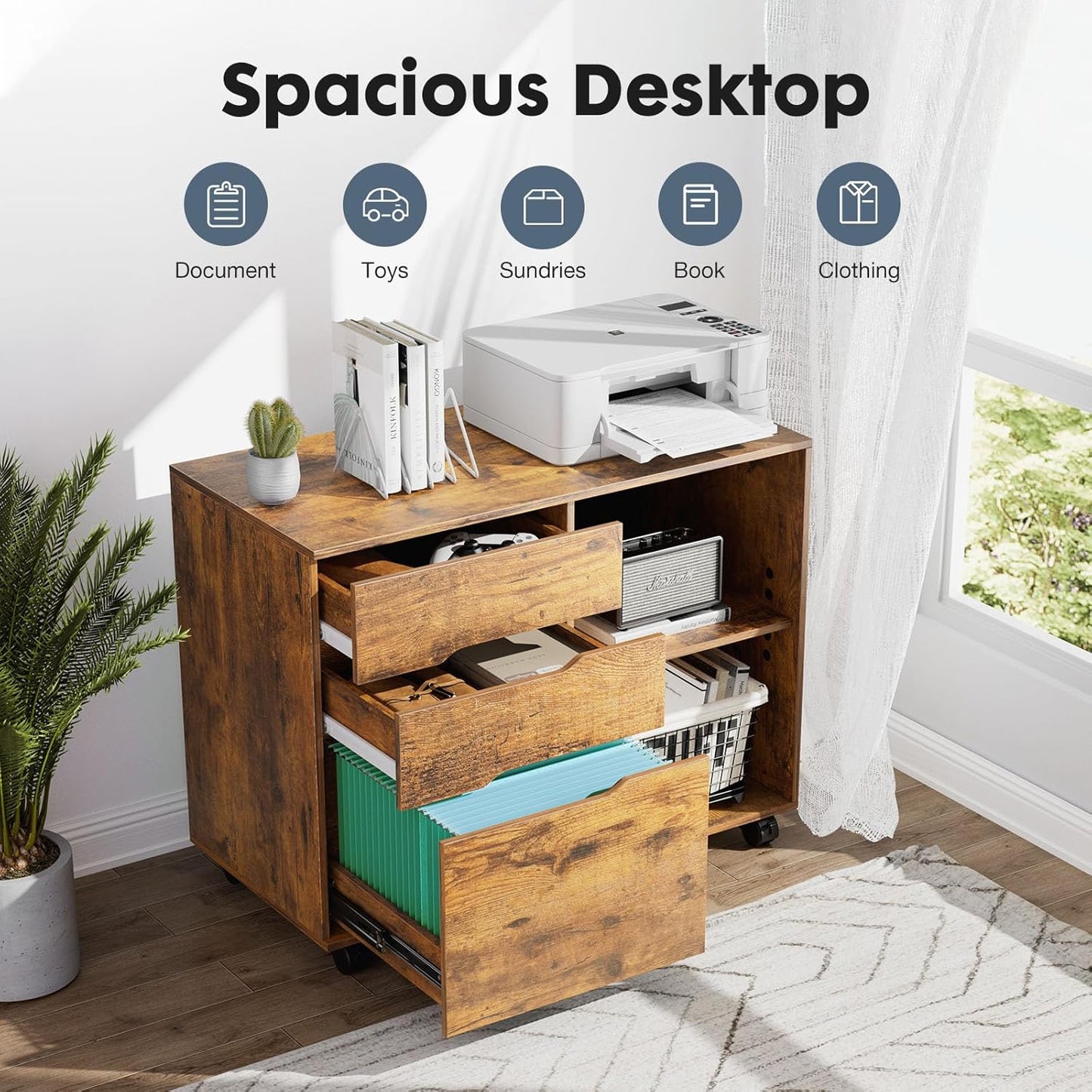 DUMOS Lateral File Cabinet with 3 Drawers Rolling Filing Cabinets Under Desk Storage Printer Stand Wood Organizer with Wheels Adjustable Shelf for Office Home Small Space, White