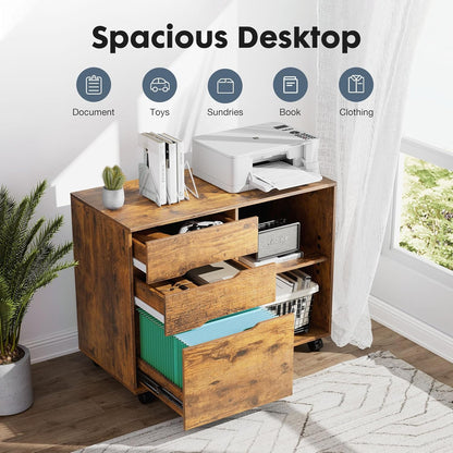 DUMOS Lateral File Cabinet with 3 Drawers Rolling Filing Cabinets Under Desk Storage Printer Stand Wood Organizer with Wheels Adjustable Shelf for Office Home Small Space, White