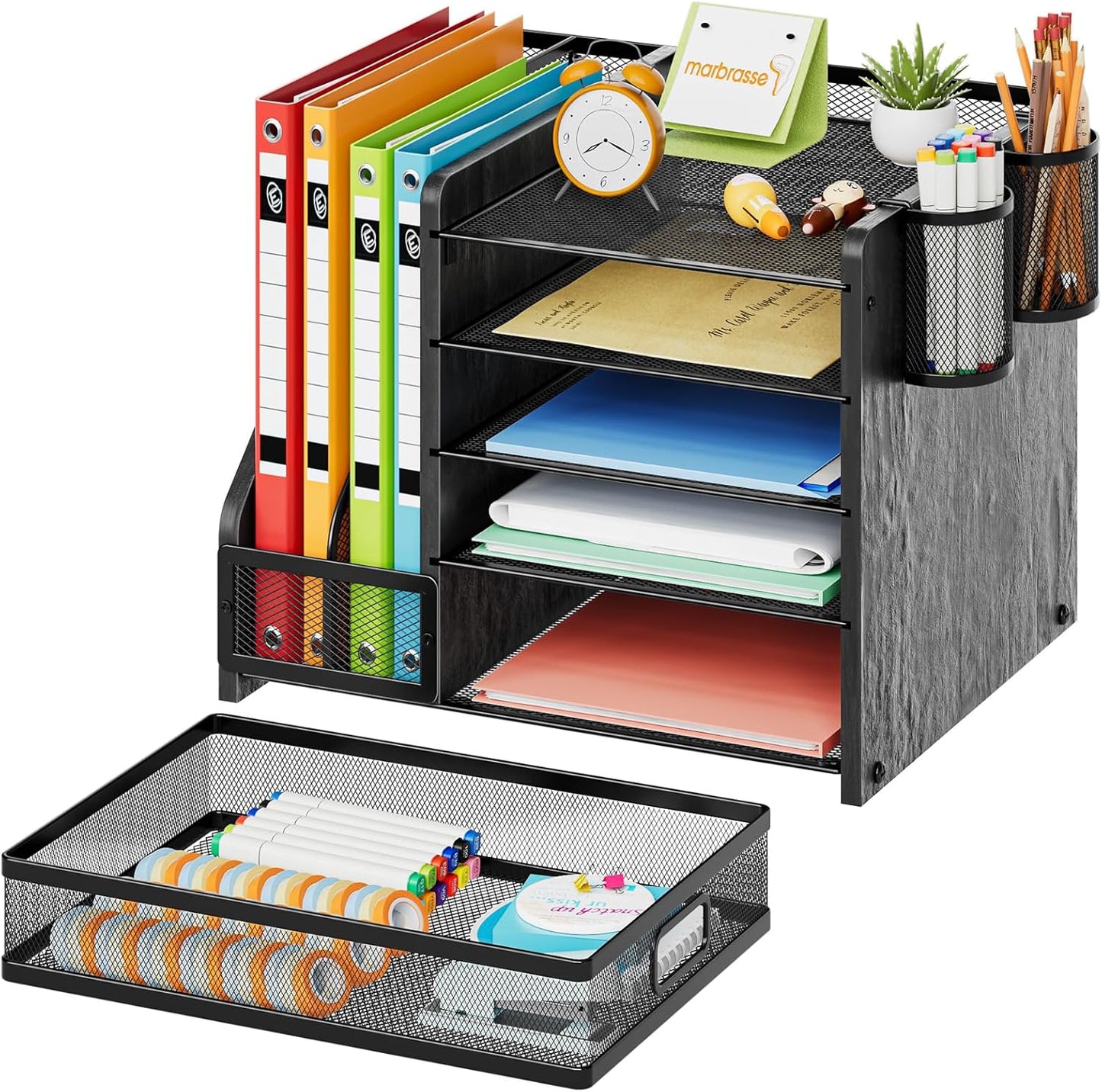 Marbrasse Desk Organizer with File Holder, 5-Tier Paper Letter Tray Organizer with Drawer and 2 Pen Holder, Mesh Desktop Organizer and Storage with Magazine Holder for Office Supplies(Black)
