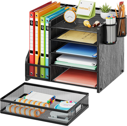 Marbrasse Desk Organizer with File Holder, 5-Tier Paper Letter Tray Organizer with Drawer and 2 Pen Holder, Mesh Desktop Organizer and Storage with Magazine Holder for Office Supplies(Black)