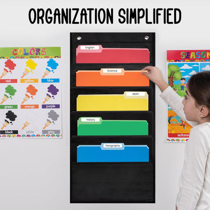 Essex Wares - 7 Pocket File Pocket Chart, Black, Tall - Versatile Wall Hanging File Folder Organizer for Classroom, Office, Home, and More - Wall Folder Organizer - 7 Pockets