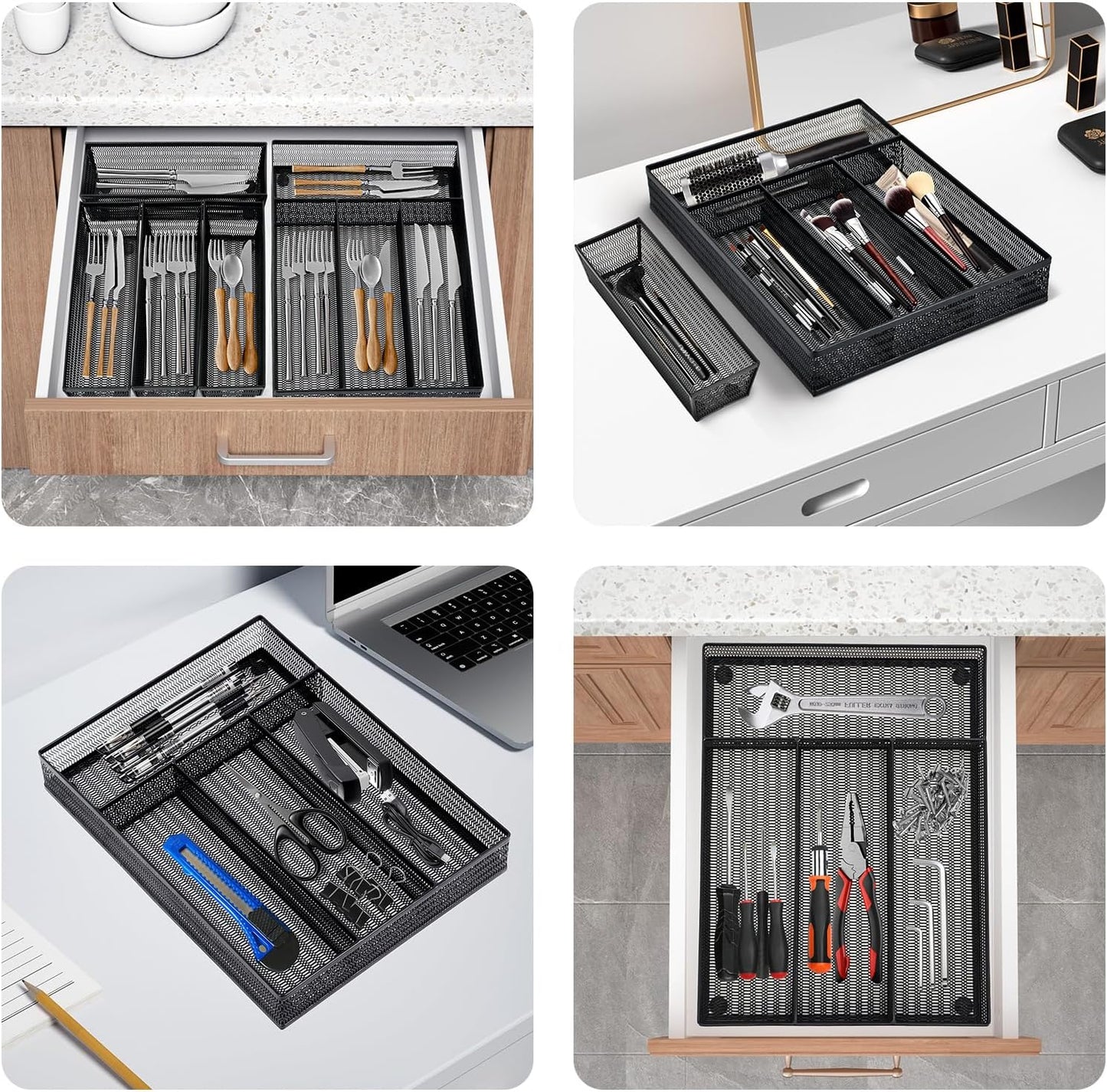 Neudeco Drawer Organizer Set 6 Pack - 5-Compartment Silverware Organizer Tray + 5 Utensil Trays, Kitchen Drawer Organizer for Flatware, Cutlery, Office Supplies, Black Mesh, Non-Slip.