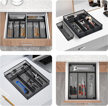 Neudeco Drawer Organizer Set 6 Pack - 5-Compartment Silverware Organizer Tray + 5 Utensil Trays, Kitchen Drawer Organizer for Flatware, Cutlery, Office Supplies, Black Mesh, Non-Slip.