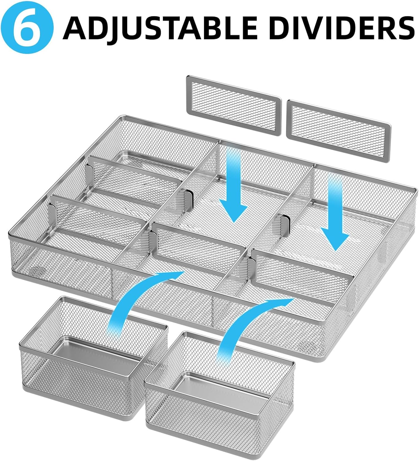 Marbrasse 3 Packs Desk Drawer Organizers, Metal Mesh Dividers Desk Drawer Organizer Tray with 9 Adjustable Compartments, Pen Organizer for Drawer Tray Box Accessories for Desktop,Kitchen, Makeup