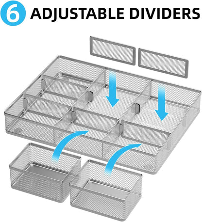 Marbrasse 3 Packs Desk Drawer Organizers, Metal Mesh Dividers Desk Drawer Organizer Tray with 9 Adjustable Compartments, Pen Organizer for Drawer Tray Box Accessories for Desktop,Kitchen, Makeup