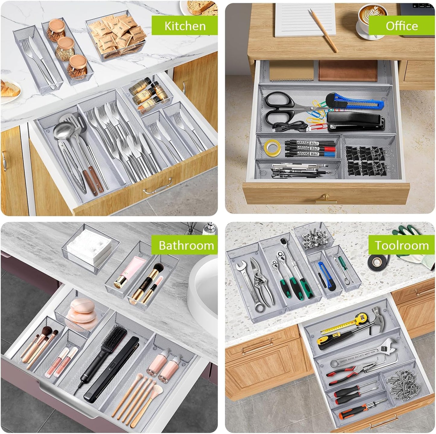Neudeco Drawer Organizer Set 6 Pack - 5-Compartment Silverware Organizer Tray + 5 Utensil Trays, Kitchen Drawer Organizer for Flatware, Cutlery, Office Supplies, Black Mesh, Non-Slip.