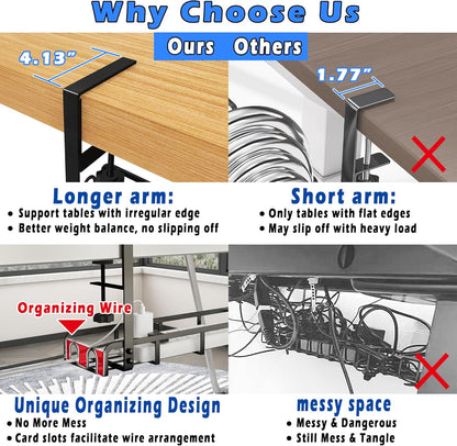 Sleclean Under Desk Cable Management Tray, 2 Pack, 16.6"x4.7" Steel Cable Organizers With Upgraded Long Arm Clamp, No Drill Wire Management for Home - No Damage to Desk