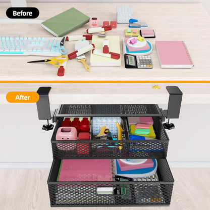 Under Desk Drawer Organizer No Drill Metal Under Desk Storage Drawer Container 2 Slide Out Cabinet Drawer Suitable for Home And Office (Medium)