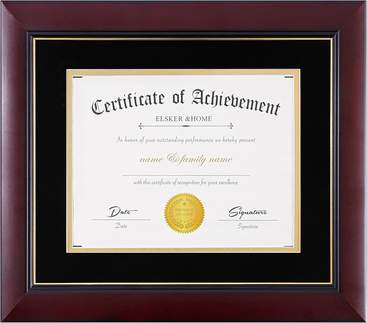 ELSKER&HOME Diploma Frame - Wide Solid Wood Frame - Black Velvet Golden Rim Mat - Semi-Tempered Glass - Includes Hanging Hardware and Desktop Easel(ONLY Display 11×14 Document/Certificate)