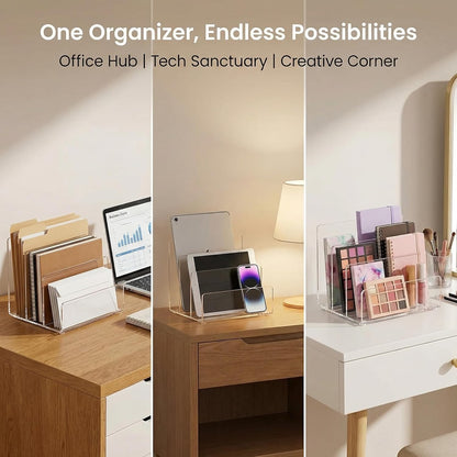 Jucoan Clear Acrylic File Holder, 3 Sections Vertical Desktop Organizer, 9 x 6.5 x 6.5 Inch Office File Sorter Stand Rack for Documents Letter Book