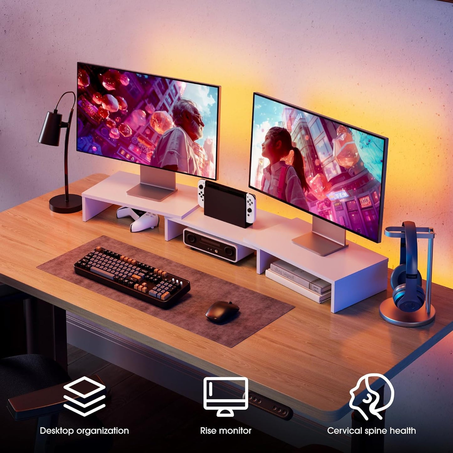 FITUEYES Dual Monitor Stand – 3 Shelf Computer Monitor Riser, Wood Desktop Stand with Adjustable Length and Angle, Desk Accessories, Office Supplies Medium Black,DT108001WB