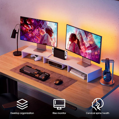 FITUEYES Dual Monitor Stand – 3 Shelf Computer Monitor Riser, Wood Desktop Stand with Adjustable Length and Angle, Desk Accessories, Office Supplies Medium Black,DT108001WB