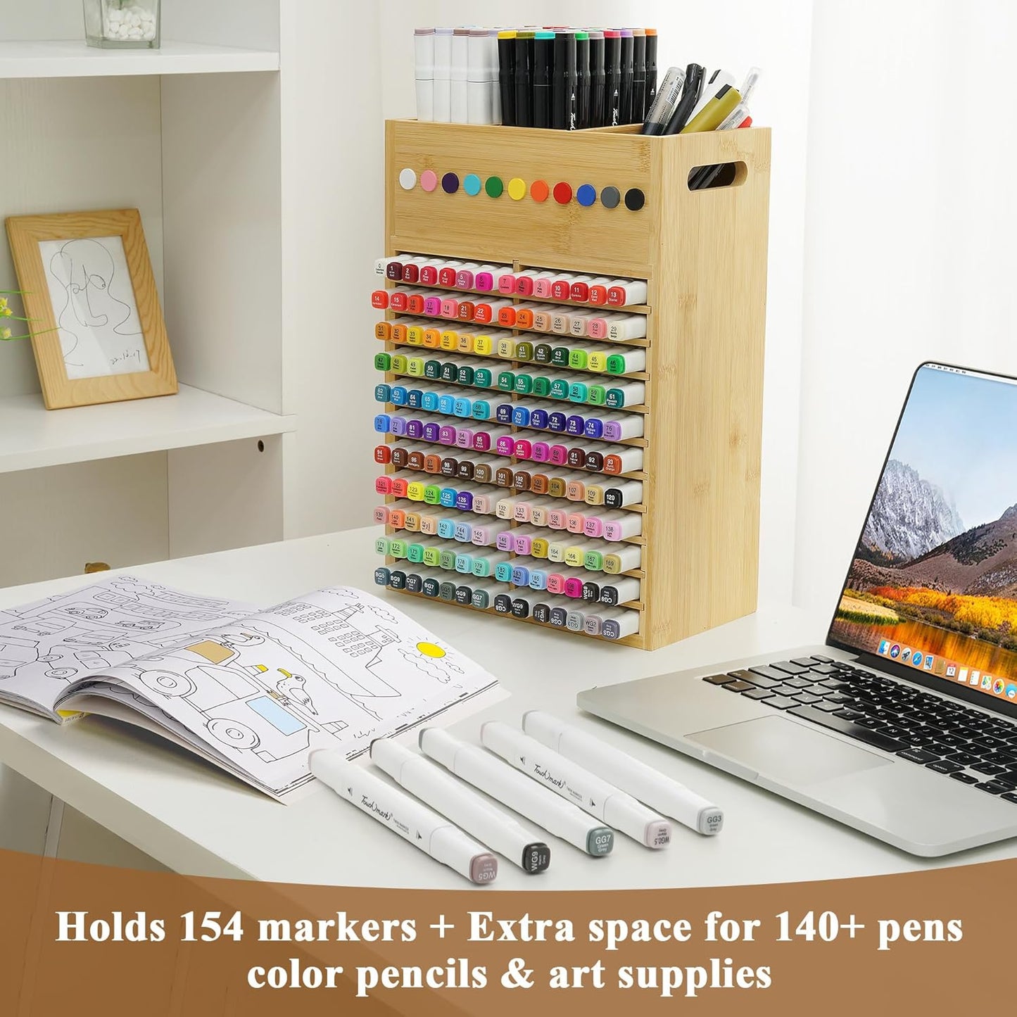 Marker Organizer for Desk - 154 Capacity Wooden Marker Holder - Ergonomic Handles - Additional Art Supply Storage Rack for 130 Alcohol Markers, Pens, and Pencils - Desktop Stand for Markers - Bamboo