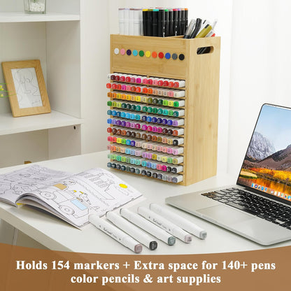 Marker Organizer for Desk - 154 Capacity Wooden Marker Holder - Ergonomic Handles - Additional Art Supply Storage Rack for 130 Alcohol Markers, Pens, and Pencils - Desktop Stand for Markers - Bamboo