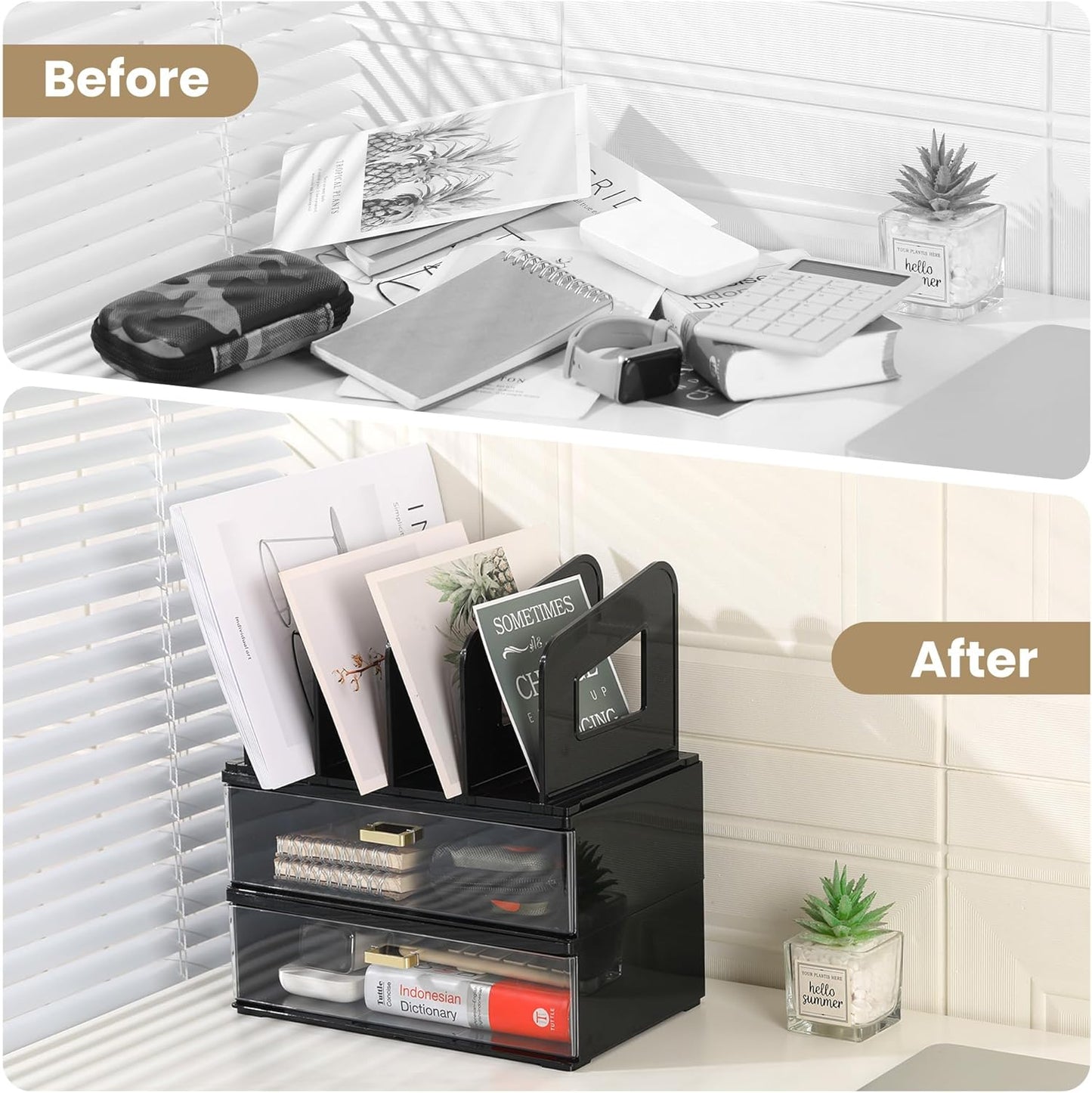 LALOBLUE Acrylic Desk Organizer with Drawer and Vertical File Holder, Desk Organizers and Accessories, Multi-Functional Office Supplies Organizer for Home or Work Desk, White