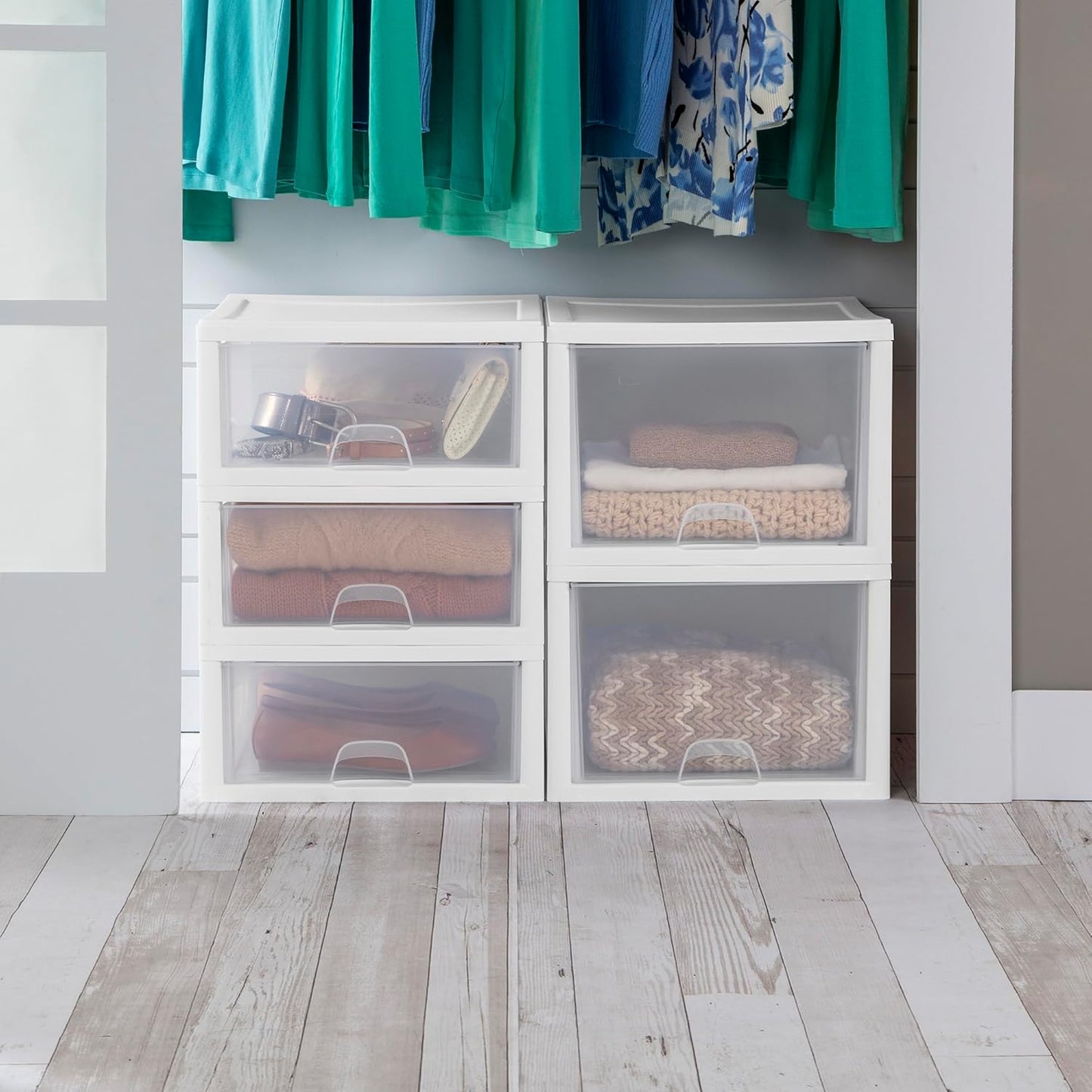 Sterilite 6-Pack 6 Quart Stacking Drawer, Clear Storage Closet Organizer, White Frame - Stackable Modular Plastic Drawers for Clothes, Accessories, Craft Supplies, Shoes or Linens