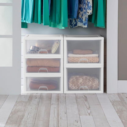 Sterilite 6-Pack 6 Quart Stacking Drawer, Clear Storage Closet Organizer, White Frame - Stackable Modular Plastic Drawers for Clothes, Accessories, Craft Supplies, Shoes or Linens