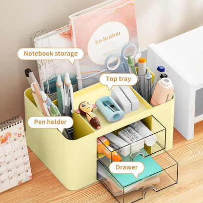 Marbrasse Pen Organizer with 2 Drawer, Multi-Functional Pencil Holder for Desk, Desk Organizers and Accessories with 5 Compartments + Drawer for Office Art Supplies (White)
