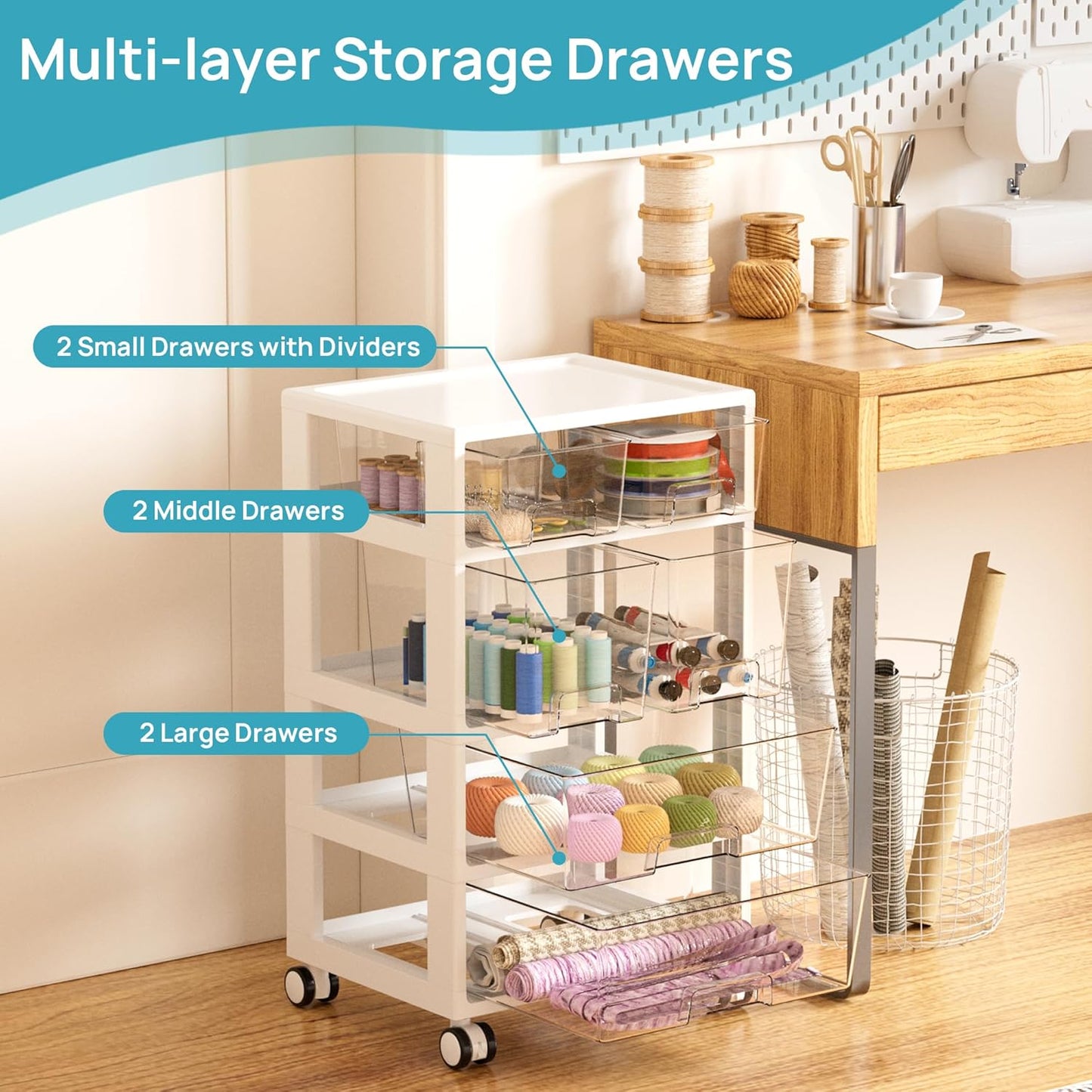 Vtopmart Plastic Drawer Storage Rolling Cart with Wheels, 4-Tier Drawer Organizer for Art Crafts Supplies, Home Office Supplies, Toys, Under Desk Storage for Office, Craft Room, Bedroom, Classroom