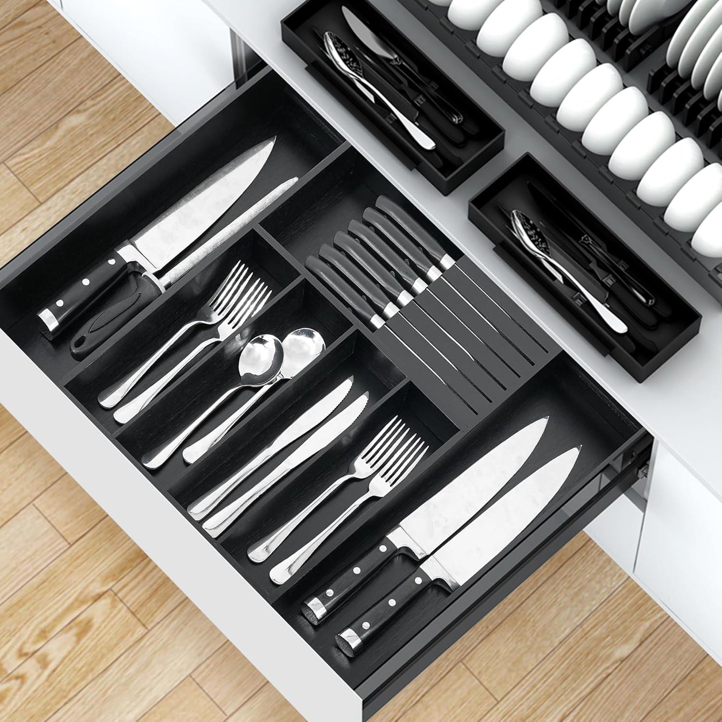 VaeFae Bamboo Silverware Drawer Organizer Kitchen, Expandable Utensil Organizer with Knife Block, Cutlery Tray with Divider, Multifunctional Drawer Organizer