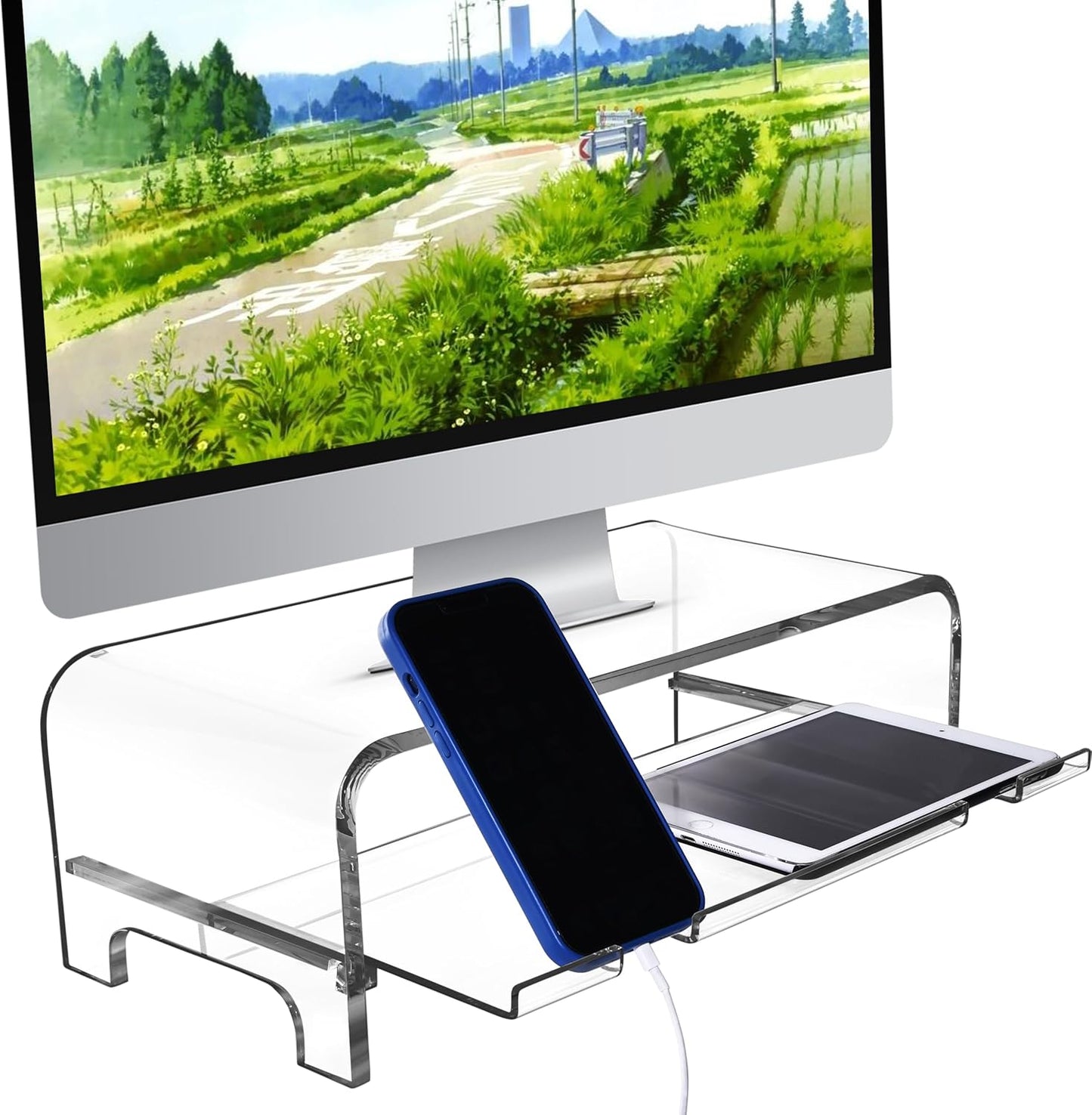 AMT Acrylic Laptop Monitor Stand & Computer Riser with Cat Keyboard Protector, Space-Saving Design, Extra Storage, Clear Shelf - Ideal for Monitors, Laptops, Printers, Desktop Decor