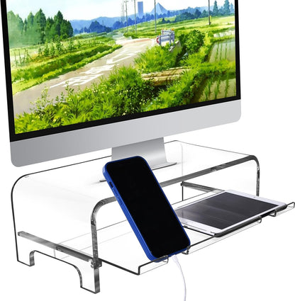 AMT Acrylic Laptop Monitor Stand & Computer Riser with Cat Keyboard Protector, Space-Saving Design, Extra Storage, Clear Shelf - Ideal for Monitors, Laptops, Printers, Desktop Decor