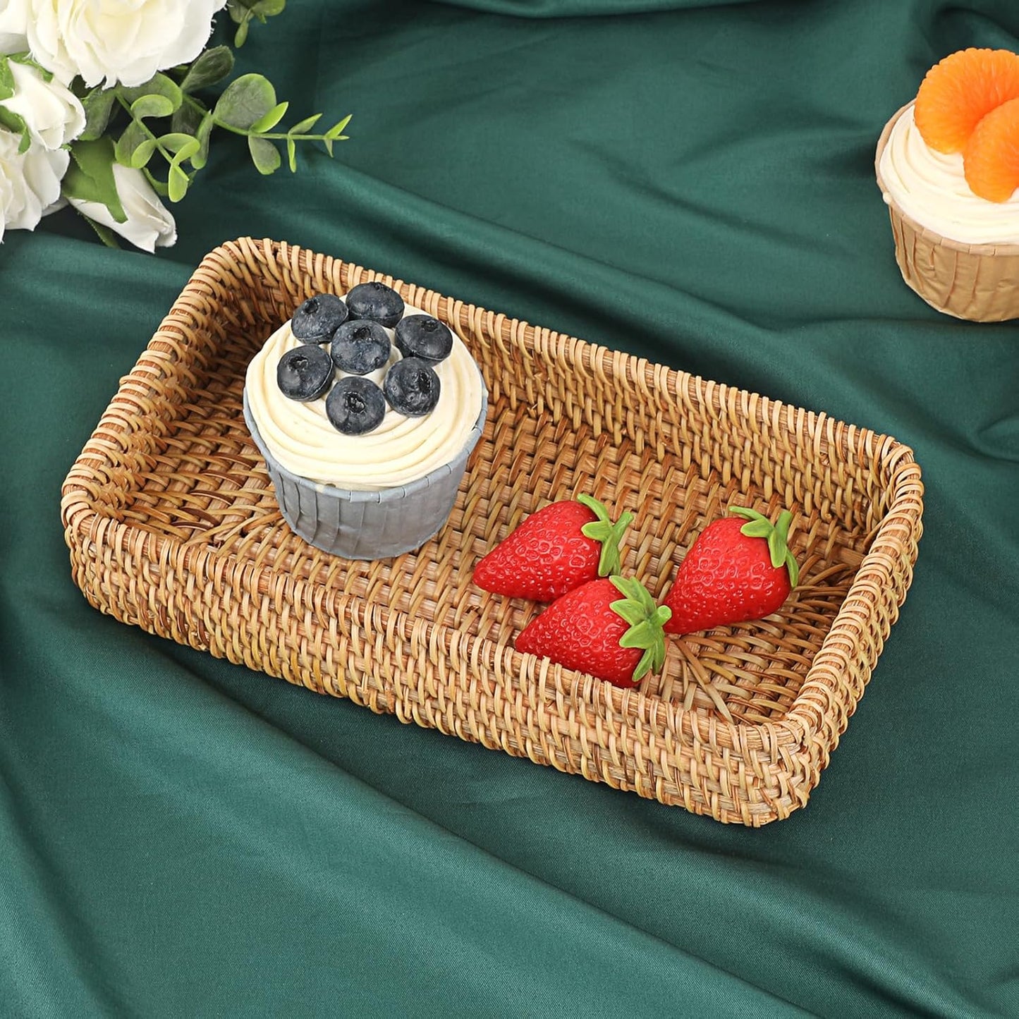Hipiwe Key Basket Tray for Entryway Table Rattan Serving Tray Handwoven Wicker Baskets Vanity Trays Square Decorative Fruit Trays for Kitchen Counter Bedside Living Room Bathroom, 8.1"