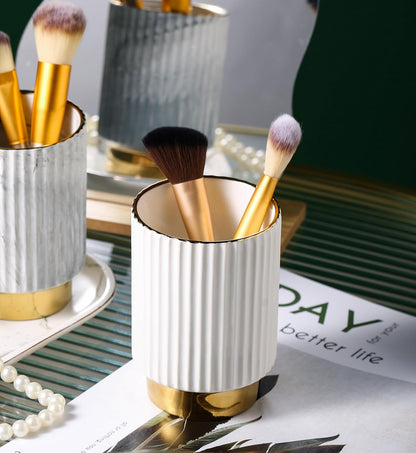 IEEK Makeup Brush Holder Organizer Pen Pencil Cup Glass Make Up Brushes and Toothbrush Organizer for Bathroom Vanity Desktop European Style Striped Brushes Container,Grey and Gold