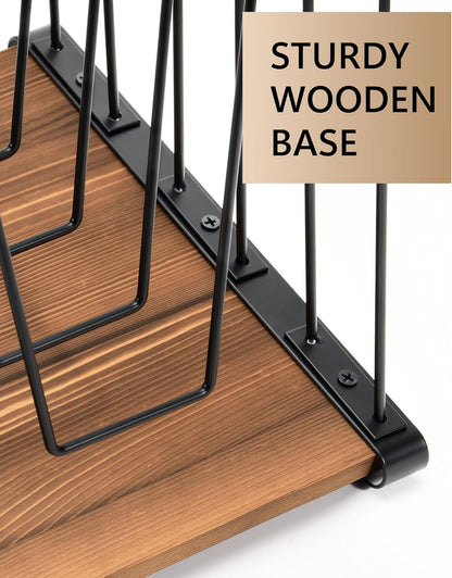 HULISEN Inclined Desk File Organizer, 5-Section Vertical File Folder Holder Stand, Metal File Sorter Rack with Wooden Base, Desktop File Organizer for Office Classroom Home Workspace
