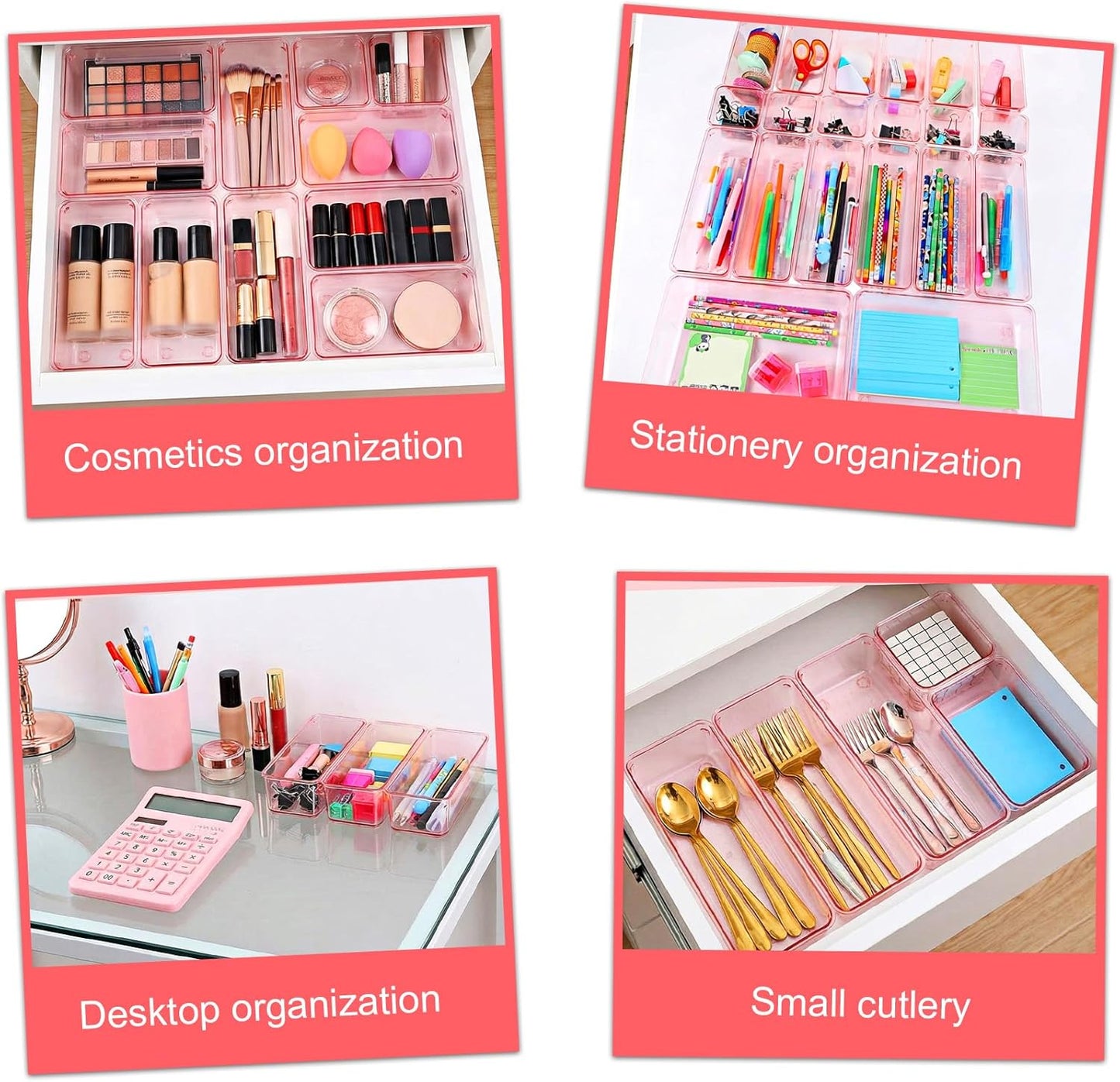 25 Pack Desk Drawer Organizer Set, Small Acrylic Vanity Trays & Storage Bins, Clear Plastic Drawer Organizer Trays for Makeup, Office, Bathroom, Kitchen (Pink)