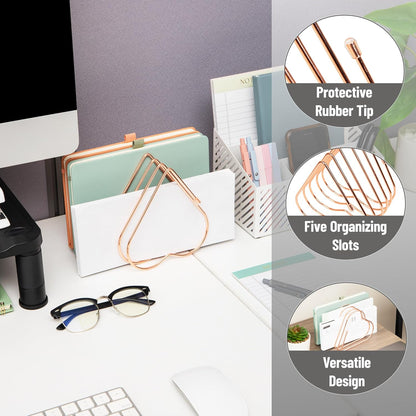 Mind Reader Heart-Shaped Desktop File Organizer, 5-Slot Metal Folder Rack, Magazine & Book Holder, Rose Gold