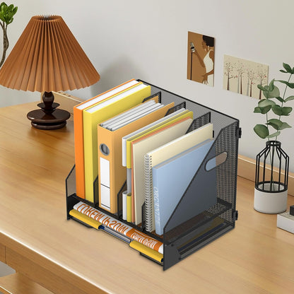 DALTACK Magazine File Holder, 5 Vertical Compartments Rack Binder Holder with Paper Tray, Metal Magazine Organizer for Office, Home, School (Black)