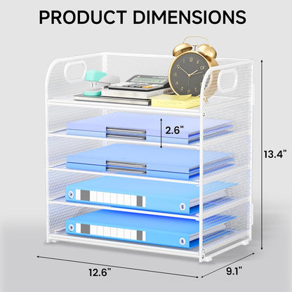 Paper Organizer Letter Tray with Handle, 5-Tier Black Stackable Desk Organizer with Metal Mesh, Sturdy Paper Tray for Office Desk, Home & Classroom Supplies Storage