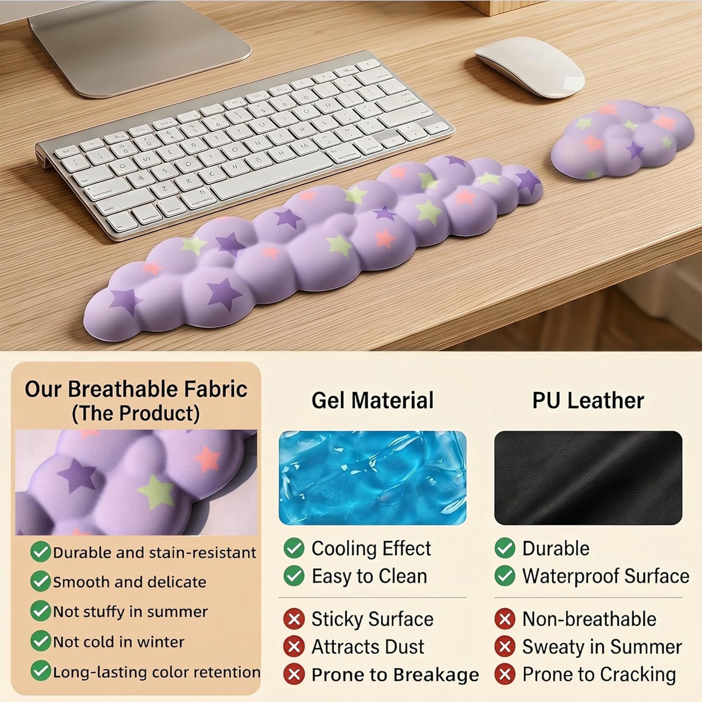 Cloud Wrist Rest Set for Keyboard and Mouse, Includes Cute Coaster, with Computers and Laptops（Purple Star Set）