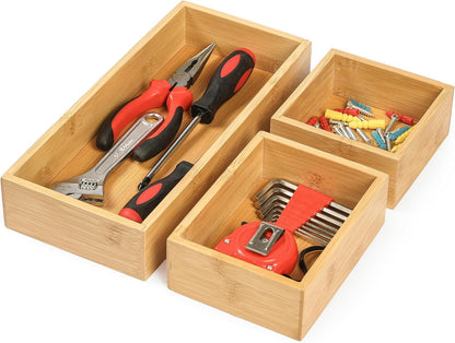 Vincona Bamboo Drawer Organizers Set, 3PCS Multi-Use Wood Storage Organizers, Desk Drawer Tray for Kitchen, Bathroom, Office, Dresser, Bamboo Box Bin for Jewelry, Makeup, Junk, Gadgets