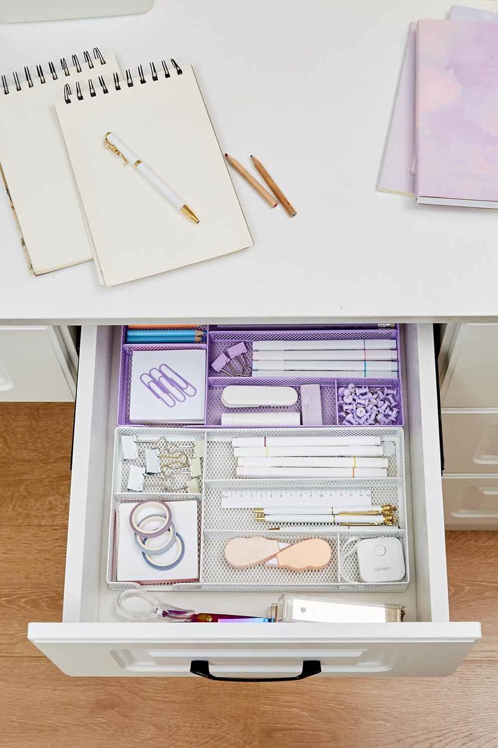 Annova Desk Drawer Organizer Tray for Office Organization - Metal Mesh - Storage Tray with Dividers for Pens, Desktop Accessories, Bathroom, Kitchen, Makeup and Office Supplies (Small, Gold)