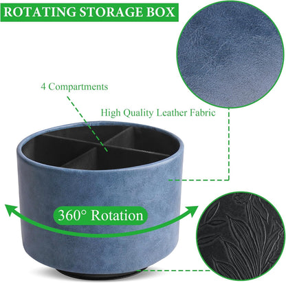 Hennaja Round Leather Art Supply Organizer,Remote Control Holder,360 Degree Rotating,Multi-Functional Pencil Holder,4 Compartments Desktop Stationary Organizer(1-Blue Bird) - Colors A