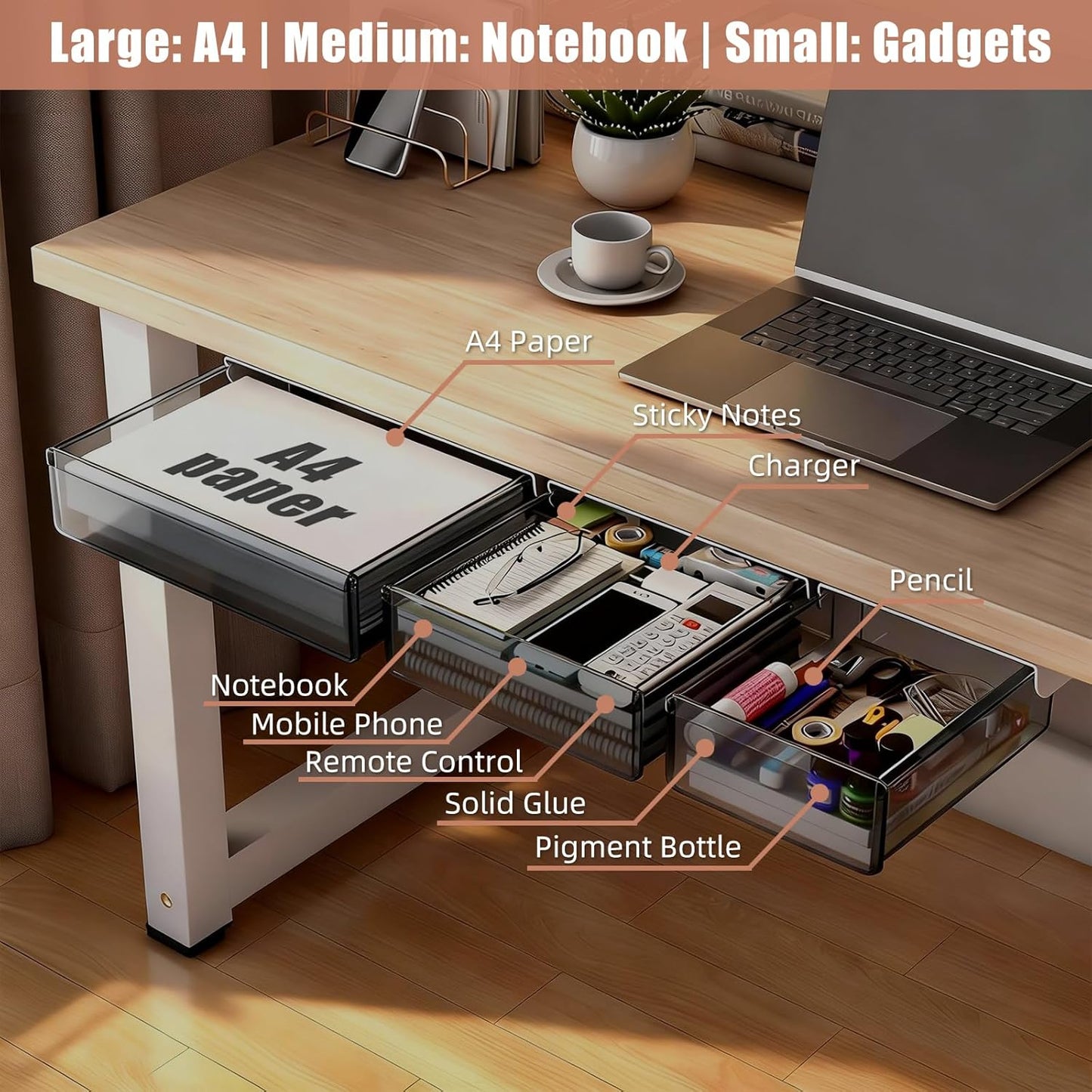 TooCust 3 Pack Under Desk Drawer Slide Out Storage Organizer, Clear White 3 Sizes (S/M/L), Dual-Mount Hidden Table Tray for Tablets, Planners & Office Supplies