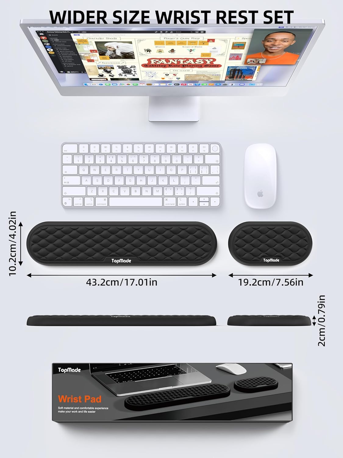 TopMade Upgraded Wider Wrist Rest Set, Soft Memory Foam Keyboard Hand Rest Pad, Computer Ergonomic Keyboard Mouse Wrist Support for Typing Pain Relief, Comfort for Office, Gaming, Study, Black
