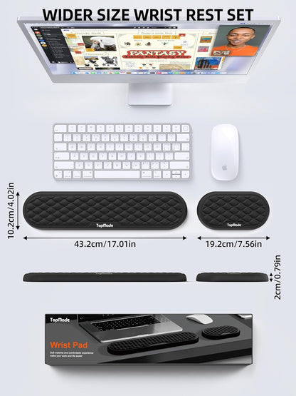 TopMade Upgraded Wider Wrist Rest Set, Soft Memory Foam Keyboard Hand Rest Pad, Computer Ergonomic Keyboard Mouse Wrist Support for Typing Pain Relief, Comfort for Office, Gaming, Study, Black