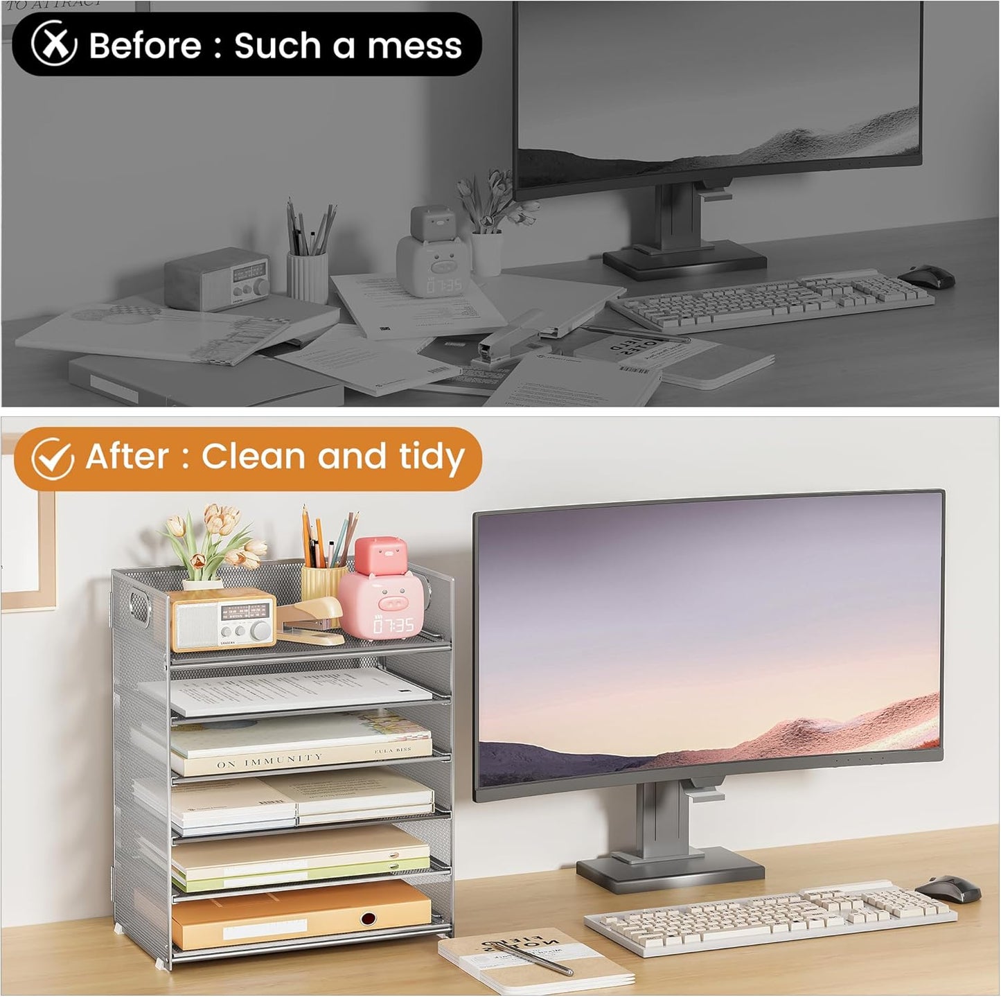 Subekyu 6 Tier Office File Paper Desk Tray Organizer with Handle, Stackable Slide Mesh Letter Tray Folder Blue Desk Organizer, Desktop Document Sorter for Classroom, Office, Home Supplies Storage