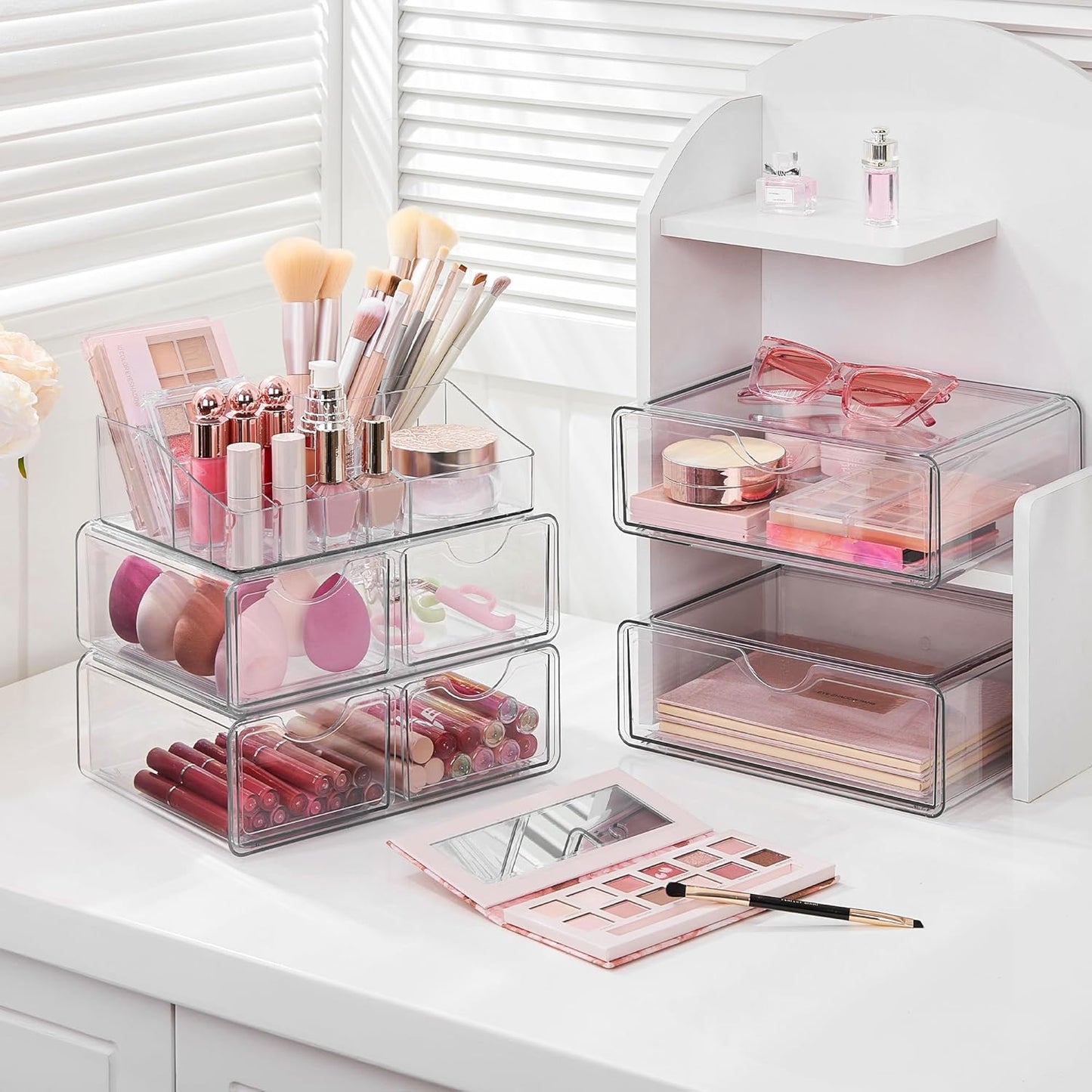 Vtopmart 3 Tier Clear Makeup Organizer with Drawer, Cosmetic Storage for Dresser Countertop and Bathroom Vanity, Beauty Holder for Lipstick Brush Skincare
