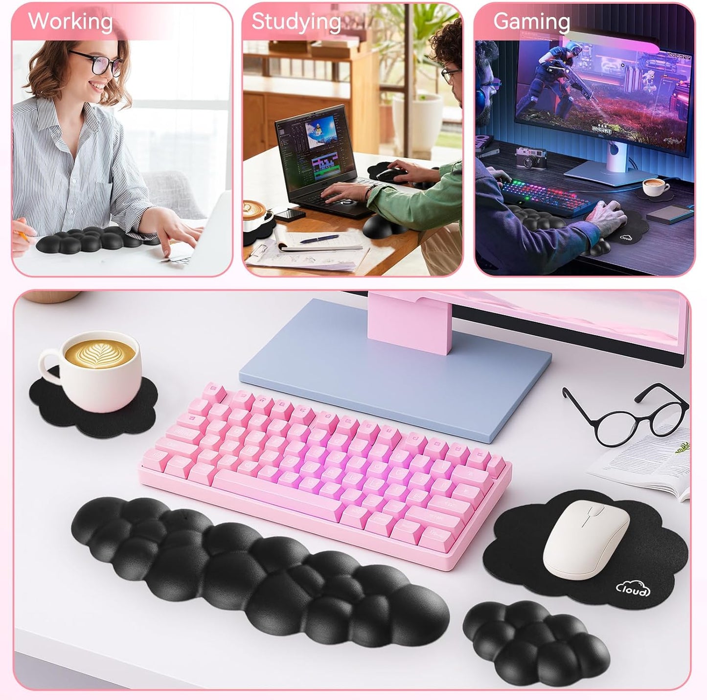 Sushret Cloud Wrist Rest for Computer Keyboard, 4-in-1 Memory Foam Leather Cloud Keyboard Wrist Rest and Mouse Pad Set with Ergonomic Support for Arm and Palm Cushion, Gaming/Work Setup, Rainbow
