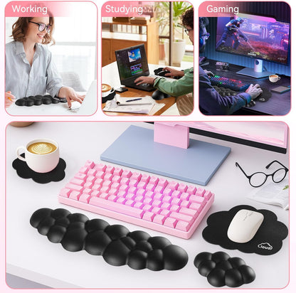 Sushret Cloud Wrist Rest for Computer Keyboard, 4-in-1 Memory Foam Leather Cloud Keyboard Wrist Rest and Mouse Pad Set with Ergonomic Support for Arm and Palm Cushion, Gaming/Work Setup, Rainbow